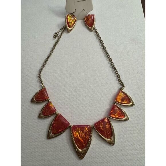 Women's Pink Lava Gold Tone Pointed Drop Statement Necklace & Matching Earrings - Picture 2 of 6